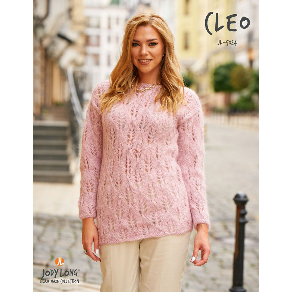 Jody Long's Cleo lace sweater pattern knit out of Glam Haze in the color Quartz 016.