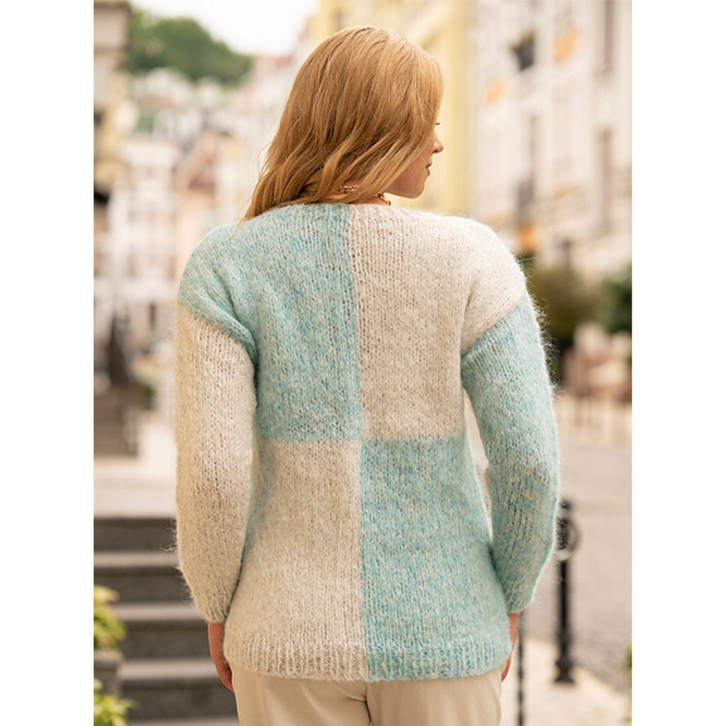 A look at the back of Jody Long's Leah color block sweater.