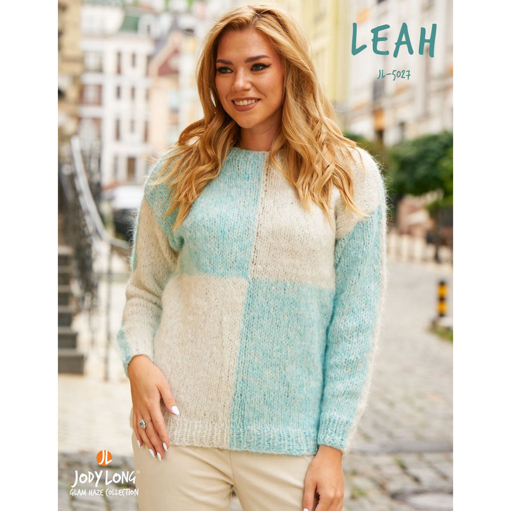 Jody Long's Leah color block sweater knit out of Glam Haze in the colors Topaz 015 and Ice 001.