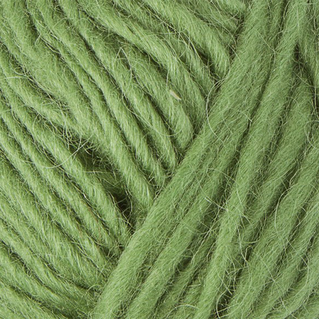 Apple Green 9983, a bright granny smith apple green skein of Lopi's Álafosslopi, a bulky wool yarn.