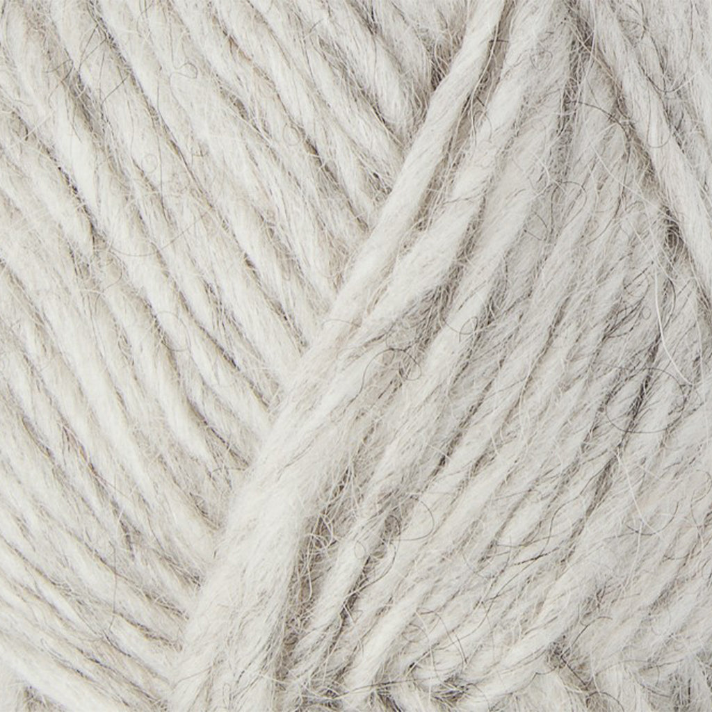 Ash 0054, a very light heathered grey skein of Lopi's Álafosslopi, a bulky Icelandic wool yarn.