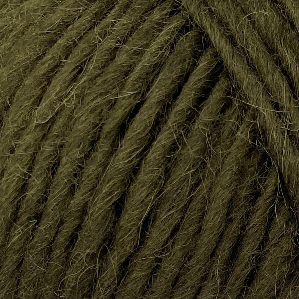 Dark Olive 9987, a dark moss / olive green skein of Lopi's Álafosslopi, a bulky wool yarn.