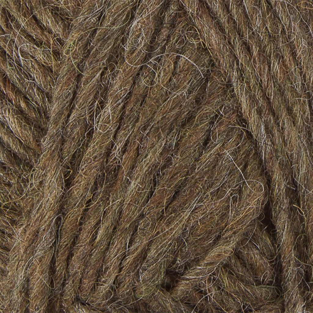 Highland Green 1230, a woodsy moss green and brown heathered skein of Lopi's Álafosslopi.
