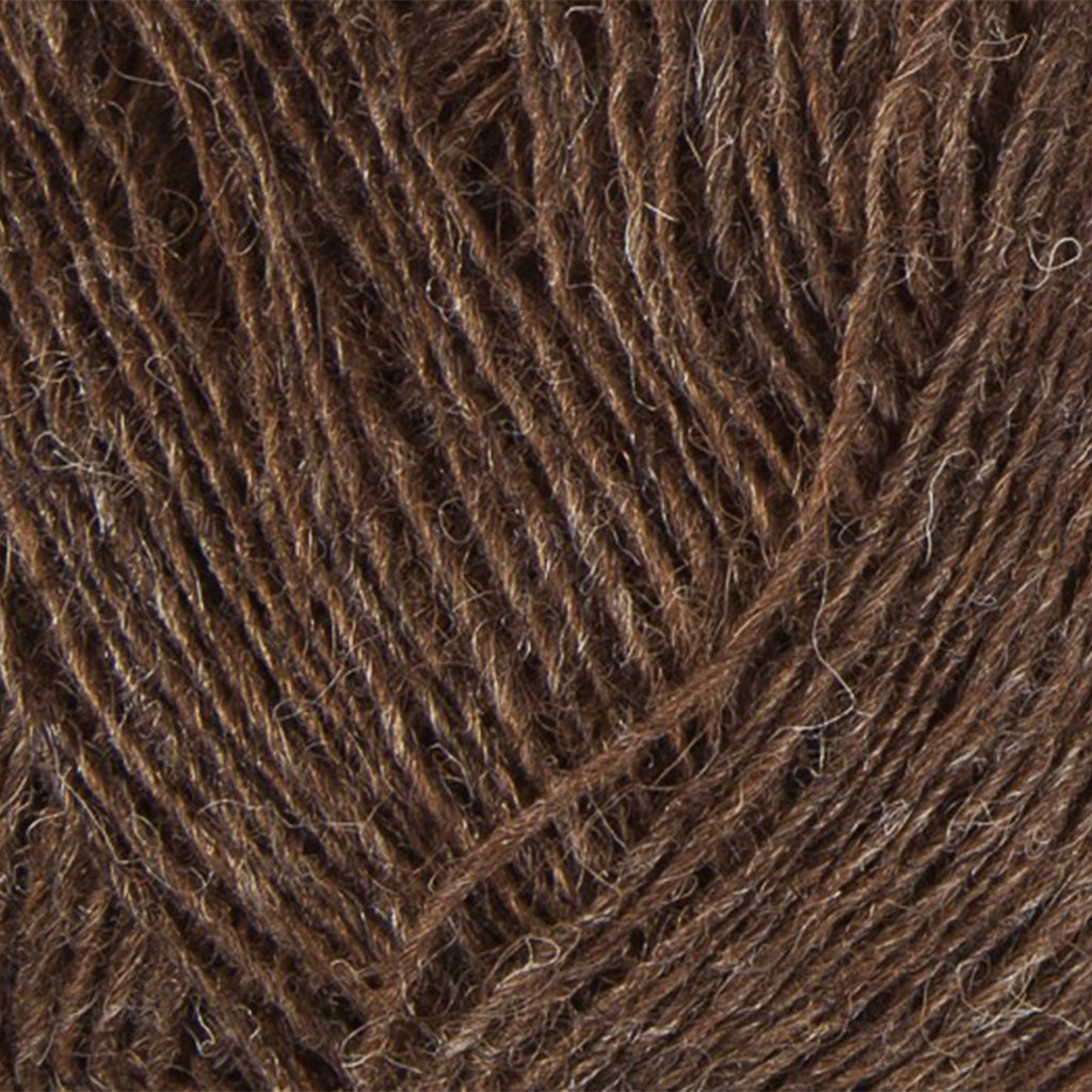 Brown 0853, a heathered brown skein of Lopi's Einband Icelandic wool lace yarn.