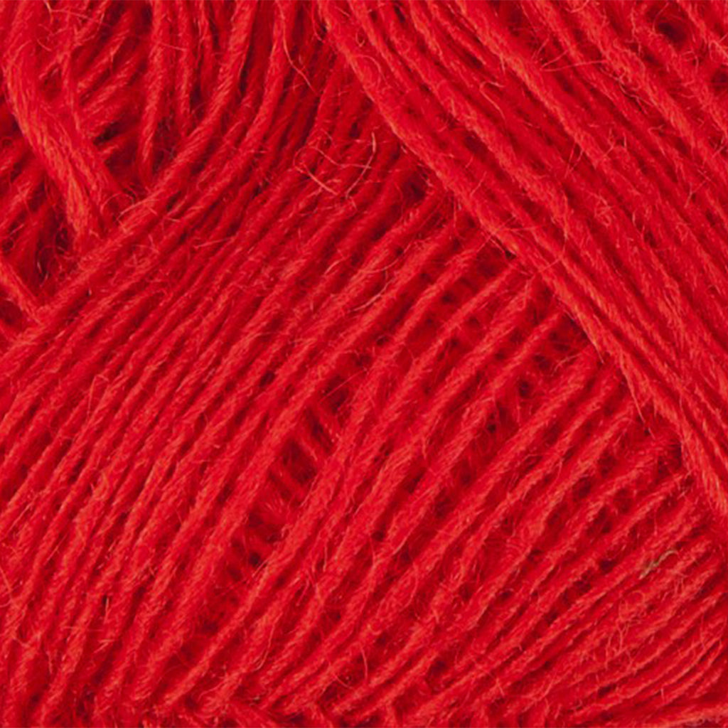 Flame Red 1770, a primary fire red skein of Lopi's Einband Icelandic wool lace yarn.