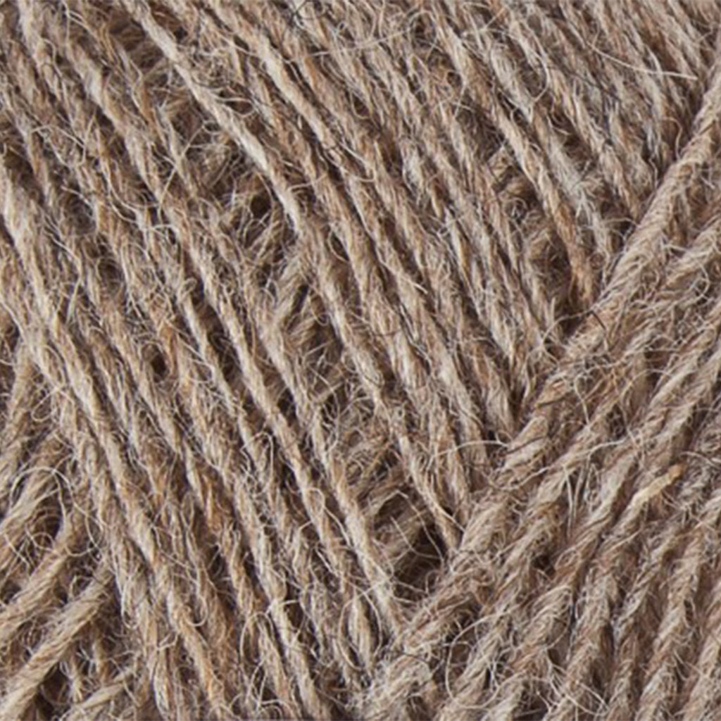 Oatmeal 0885, a light heathered brown skein of Lopi's Einband Icelandic wool lace yarn.