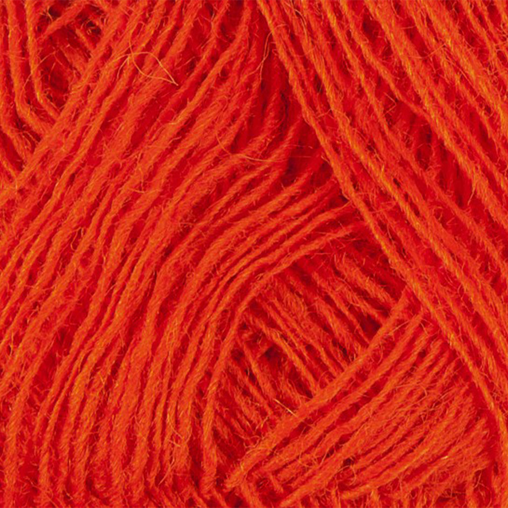 Orange 1766, a vibrant orange skein of Lopi's Einband Icelandic wool lace yarn.