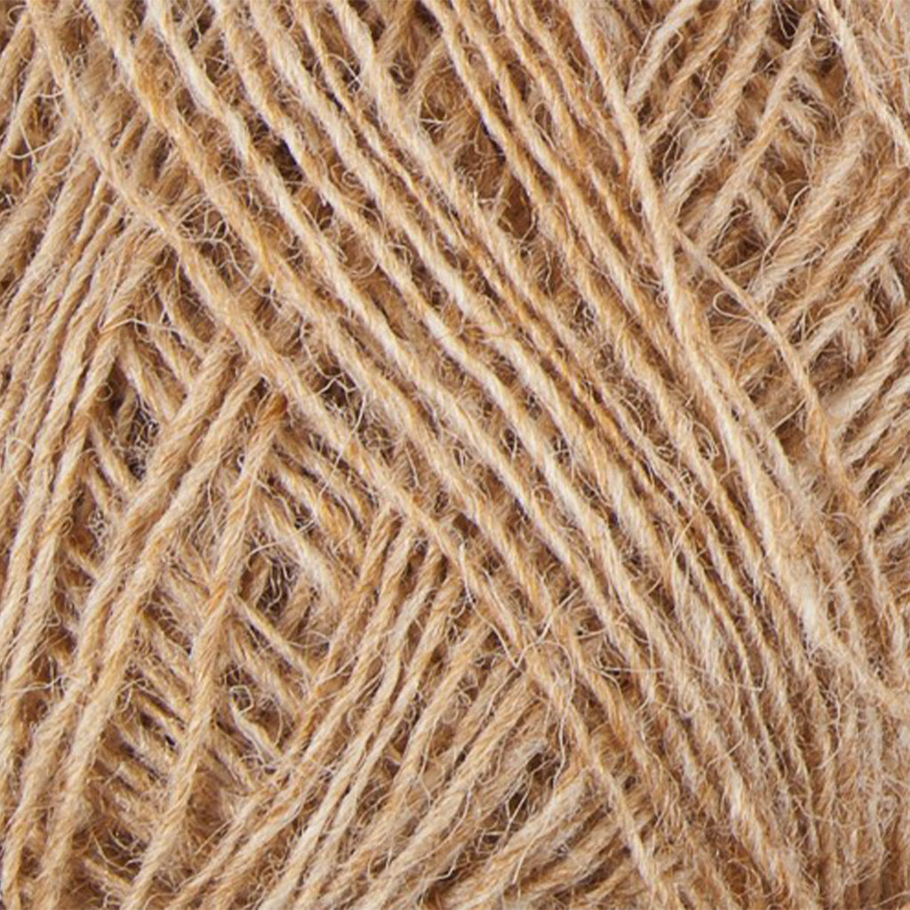 Pecan 9075, a light heathered golden brown skein of Lopi's Einband Icelandic wool lace yarn.