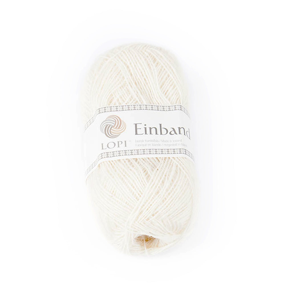 White 0851, a natural white skein of Lopi's Einband Icelandic wool lace yarn.