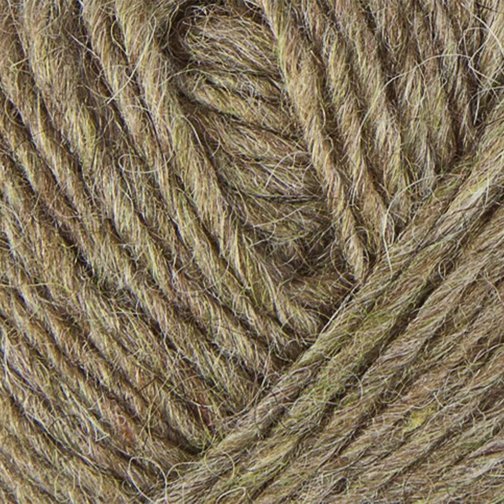 Frostbite 1417, a heathered moss green, brown, and white skein of Léttlopi Icelandic wool yarn.