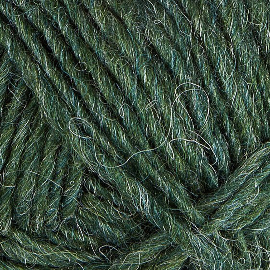 Lyme Grass 1706, a heathered bright green and blue skein of Léttlopi Icelandic wool yarn.