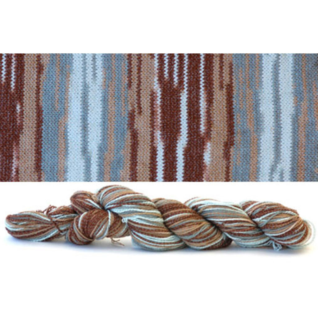 CoBaSi fingering in the color Earth and Sea 815, self-striping with brown and light blue stripes.