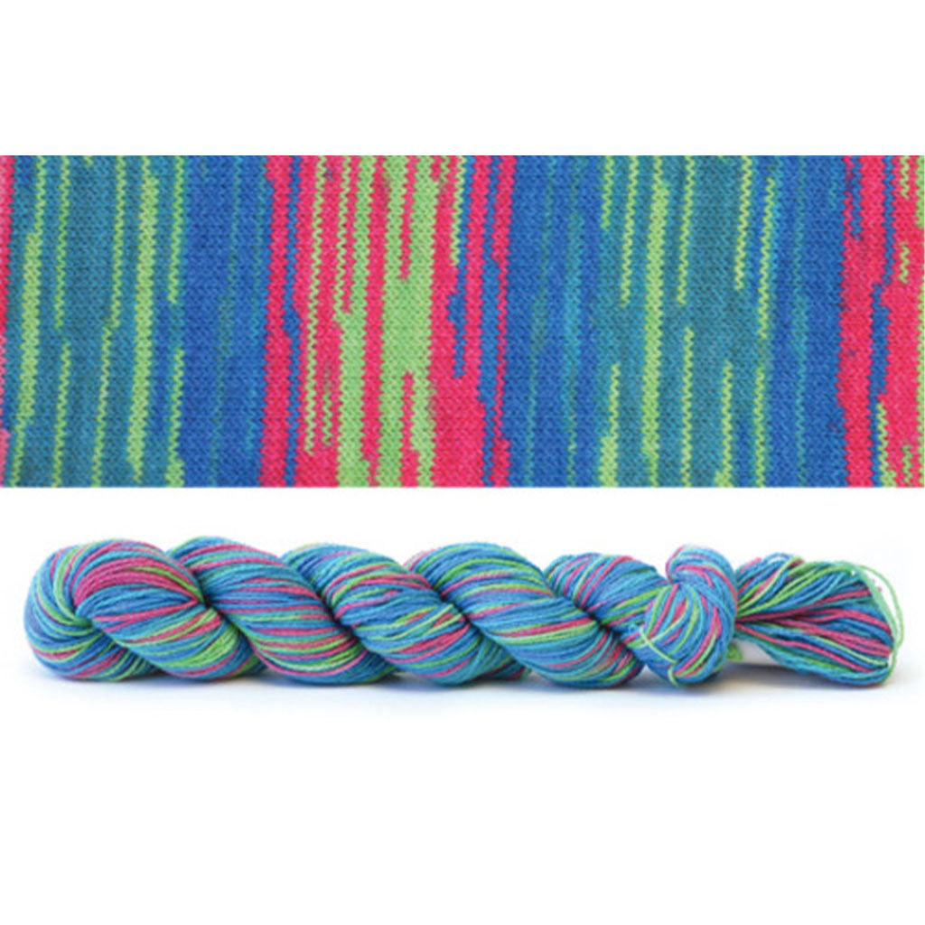 CoBaSi fingering in the color Funtastic 817, self-striping with pink, blue, and green stripes.