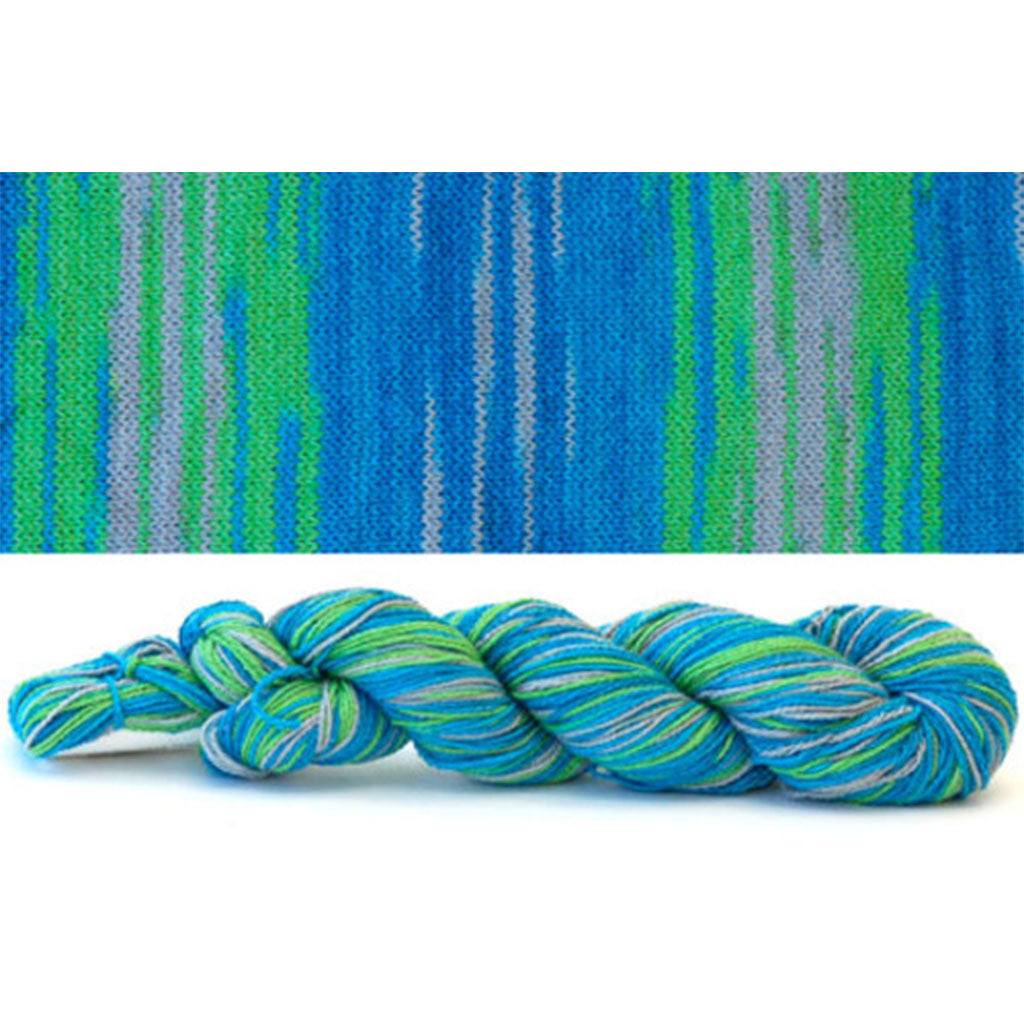 CoBaSi fingering in the color Seattle Sound 811, self-striping with blue, green, & grey stripes.