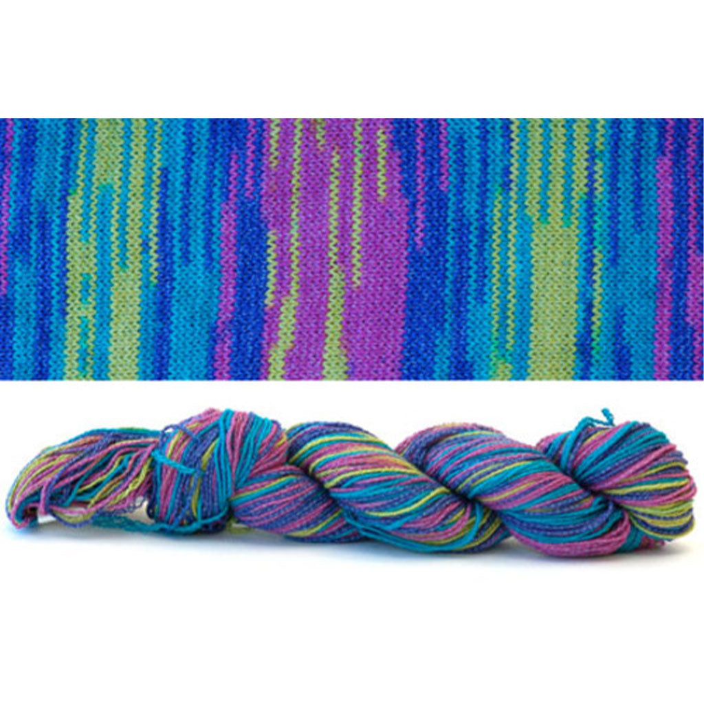 CoBaSi fingering in the color The Pansies 812, self-striping with purple, blue, & green stripes.