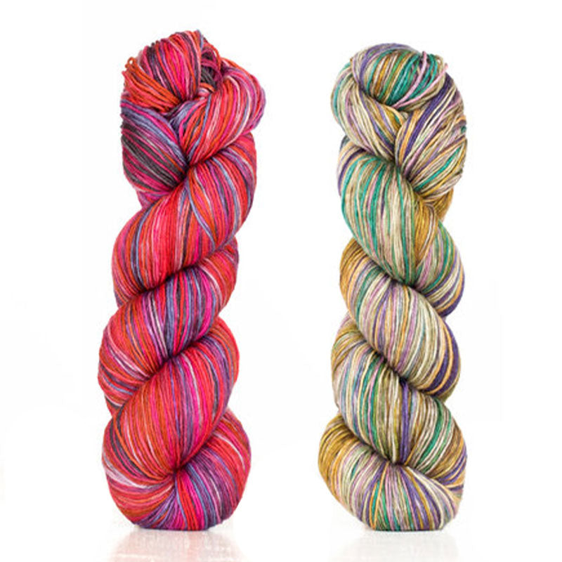 Robin's Chest, Uneek Fingering colors 3005 & 3019, a combo inspired by robins & spring flowers.