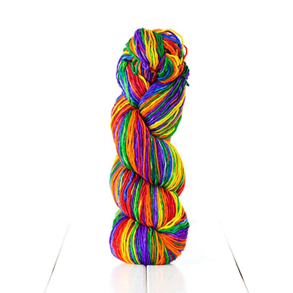 Urth Yarns Uneek DK in the color Harmony, a special edition hand dyed rainbow.