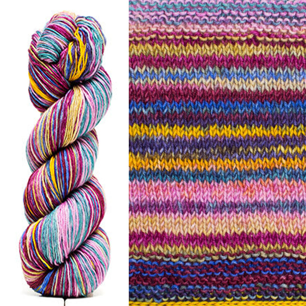 Color 3026: a hand-dyed skein of self striping yarn in shades of pinks, yellows, and blues.