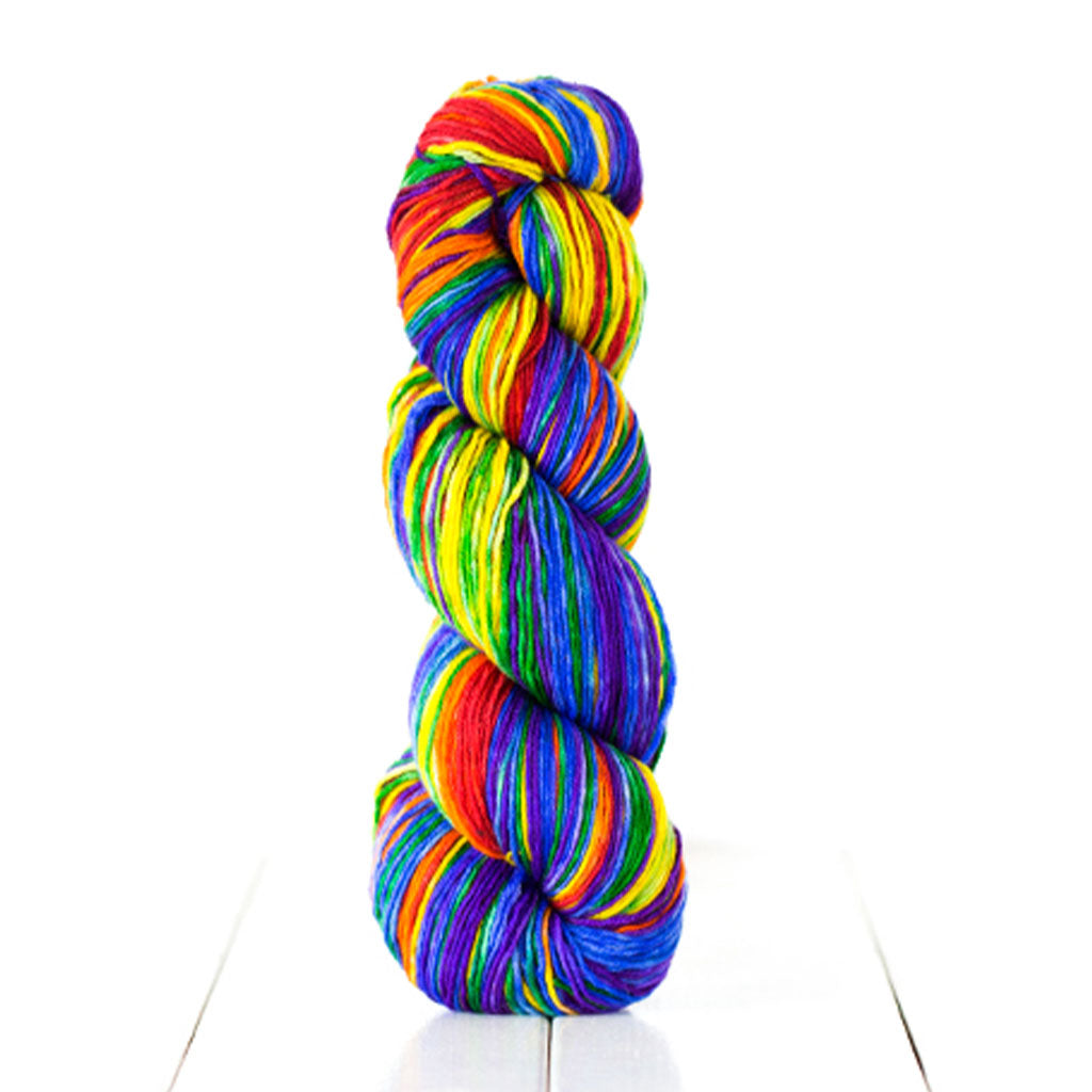 Urth Yarns Uneek Fingering in the color Harmony, a special edition hand dyed rainbow.