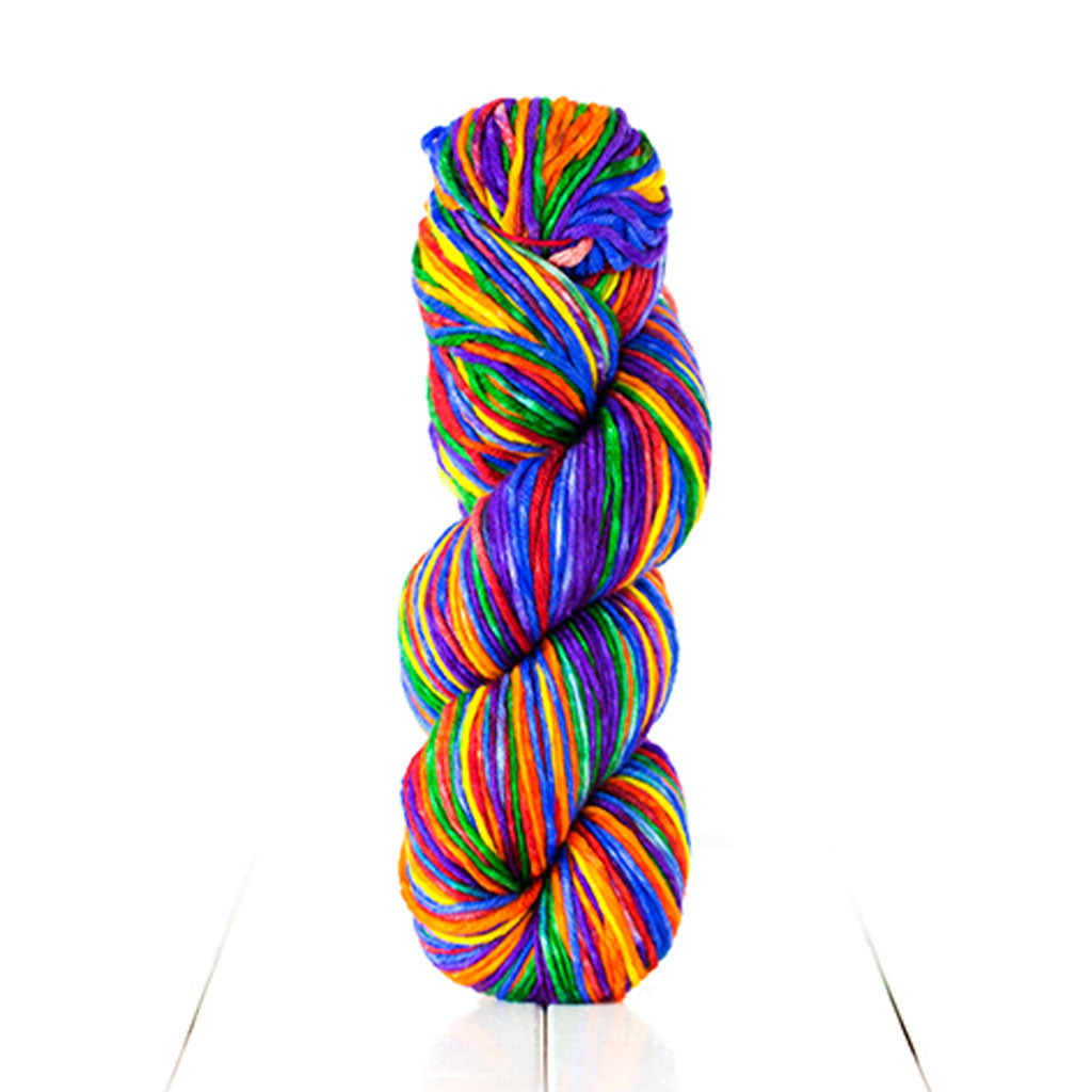 Urth Yarns Uneek Worsted in the color Harmony, a special edition hand dyed rainbow.