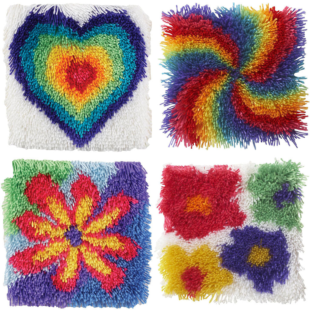 12"x12" Shaggy Latch Hook Kits in the styles From the Heart, Pinwheel, Flower Power,  and Flowers.