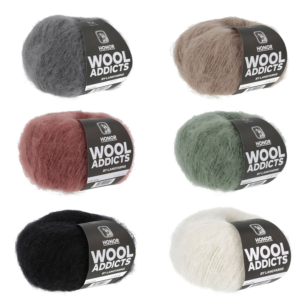 3 balls of Wool Addicts Honor Worsted in soft neutral colors.
