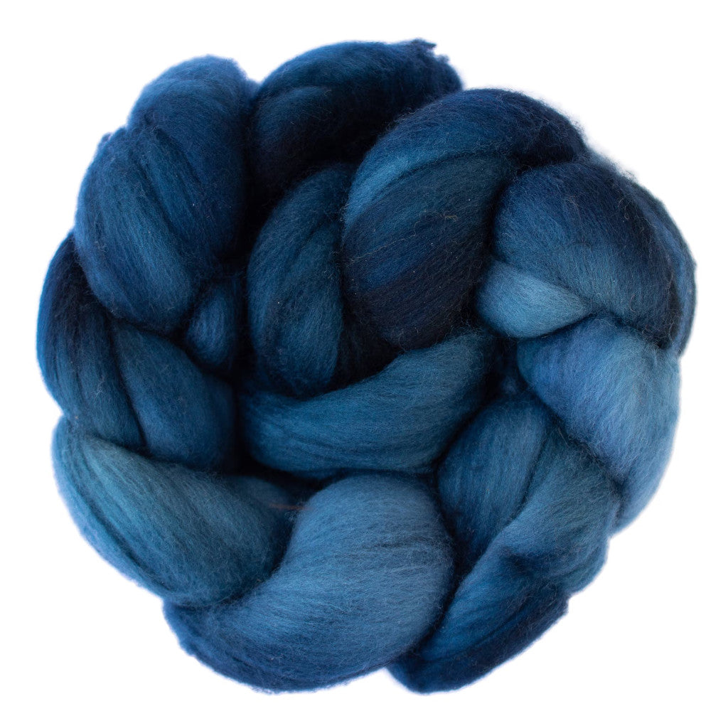 Color 650 Deep Ocean - a hand dyed merino top in shades of light to dark ocean blue