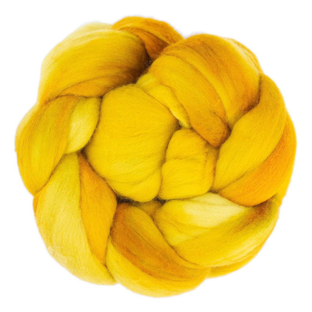Color 035 Frank Ochre. A hand-dyed merino top in shades of light to dark yellow