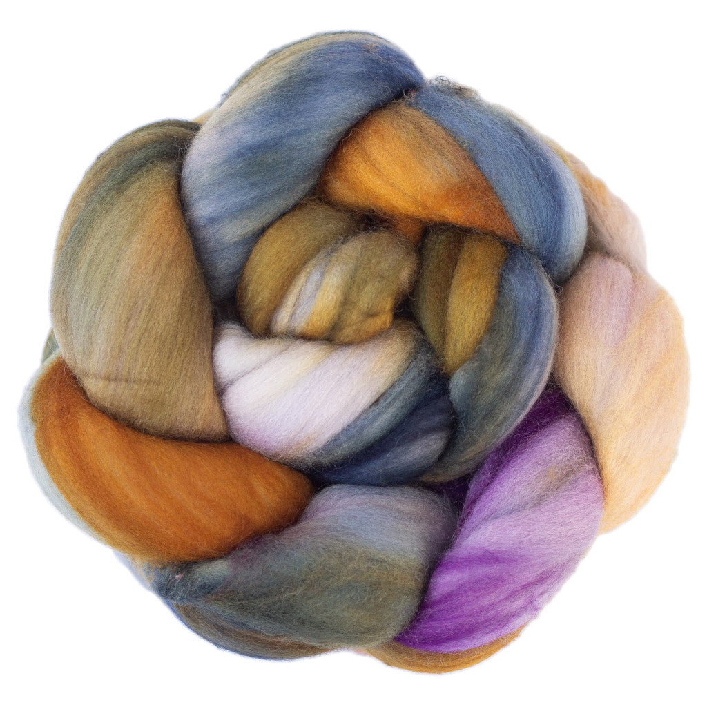 Color 890 Mandragora - a hand dyed merino top in steel blue, tan, burnt orange, lilac, and white