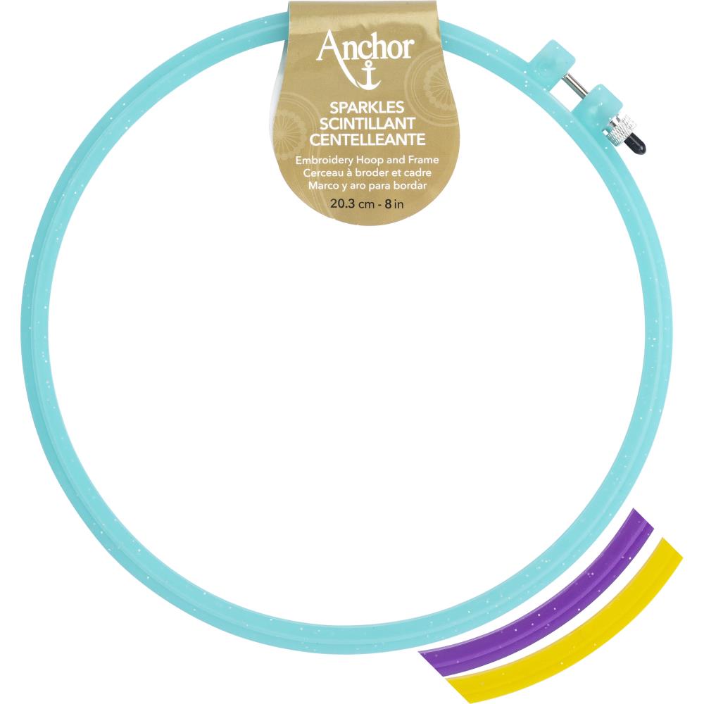 A sparkly 8" plastic embroidery hoop in blue with parts of the purple and yellow hoops also shown.