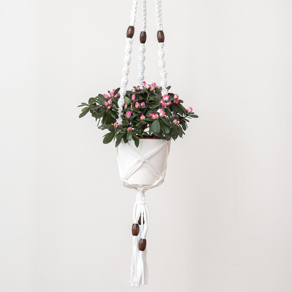 A white Macrame Hanging Basket holder with wooden beads hanging in front of a white wall.