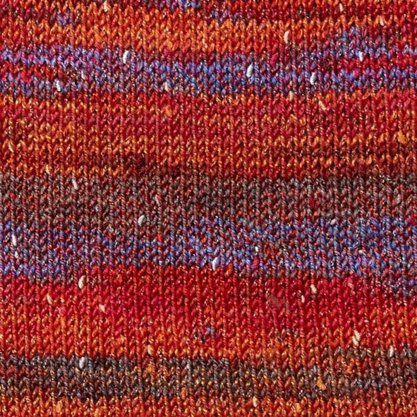 Panettone 7467. A self-striping yarn with shades of red, blue, and grey/brown.