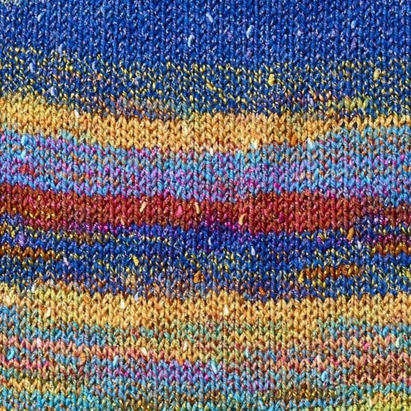 Snow Cone 7466. A self-striping yarn with shades of blue, yellow, orange, red, and pink.
