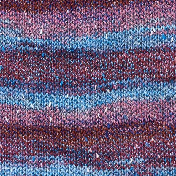 Sorbet 7461. A self-striping yarn with  shades of blue, pink, and red.