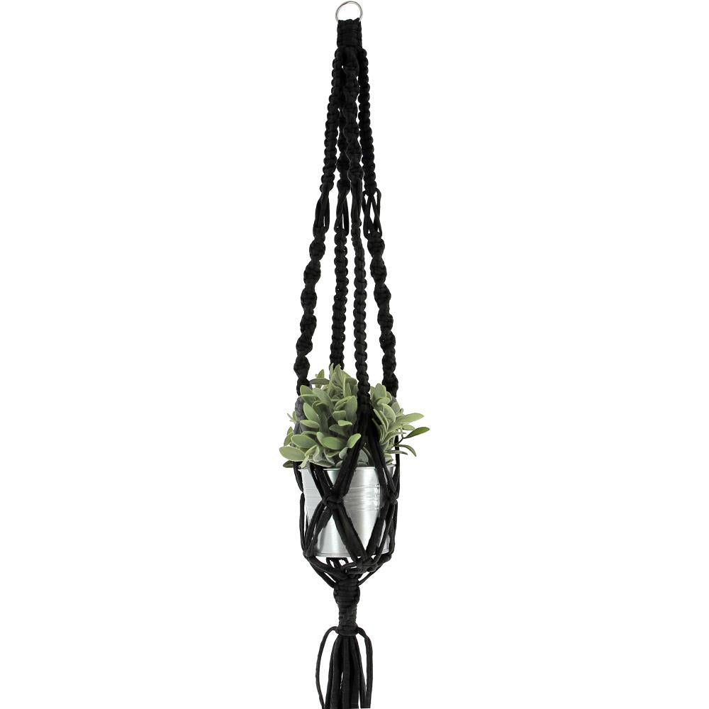 A black Macrame Hanging Basket holder.