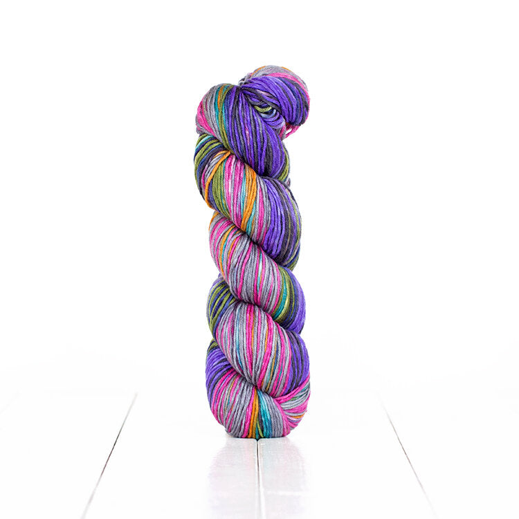 Color 6022, hand-dyed yarn in self-striping shades of purple, pink, grey, green, orange, and turquiose.
