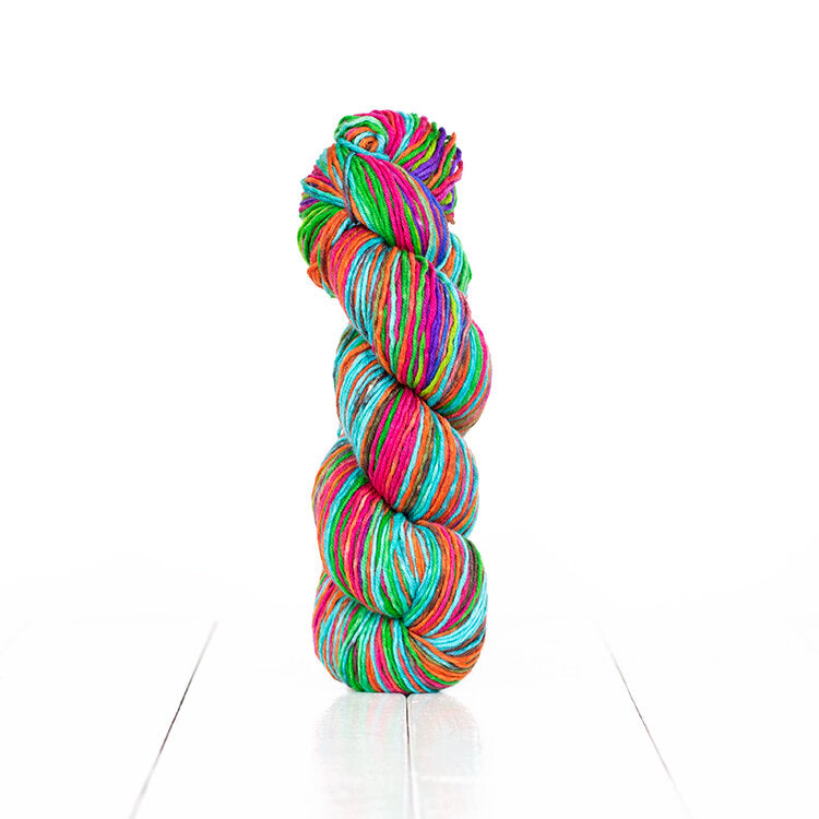 Color 6023, hand-dyed yarn in self-striping shades of bright pink, green, turquoise, orange, and purple.