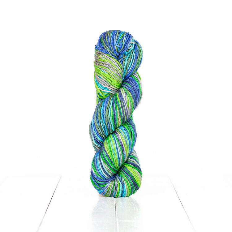 Color 6025, hand-dyed yarn in self-striping Seahawks shades of blues, greens, and greys.
