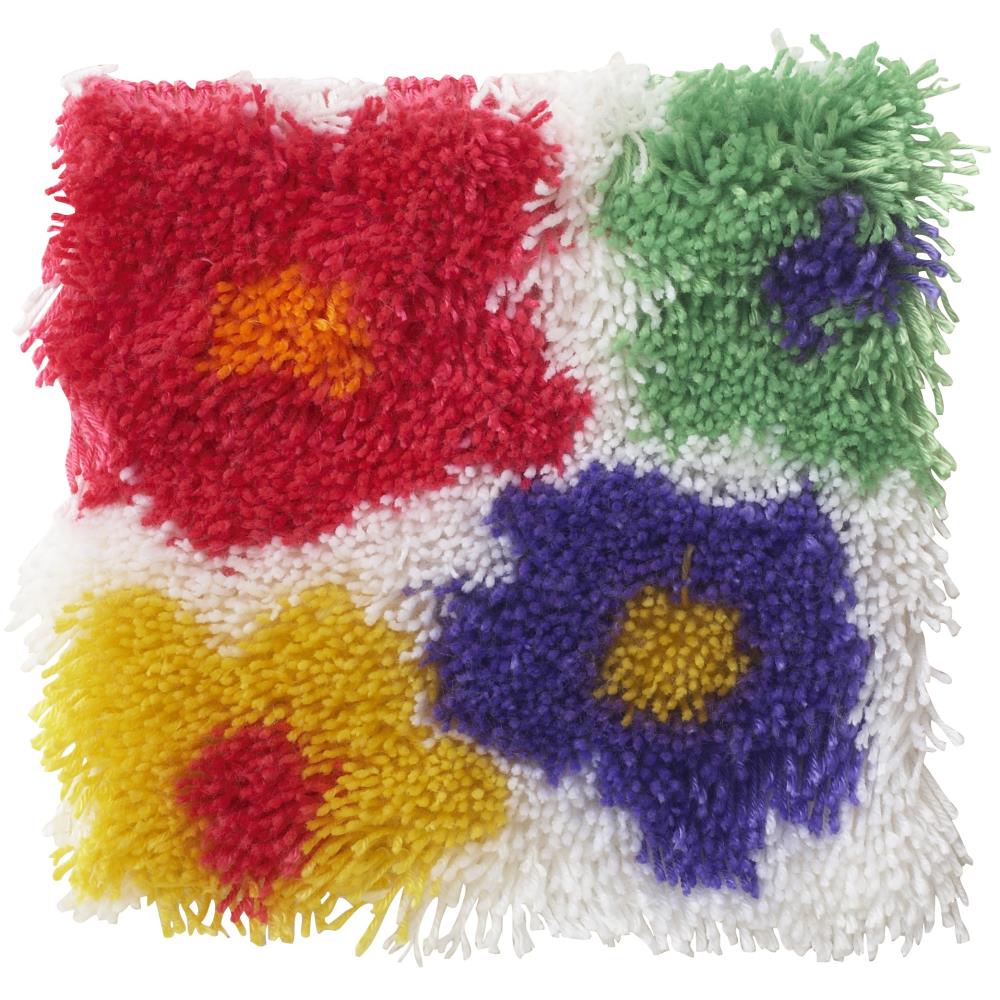 Flowers, a 12"x12" Shaggy Latch Hook Kit that makes a bright flower pattern on a white background.