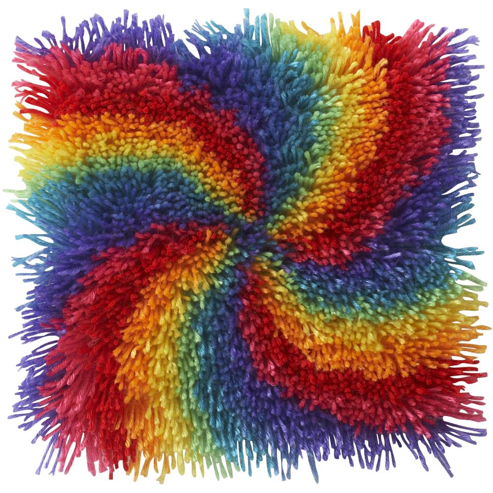 Pinwheel, a 12"x12" Shaggy Latch Hook Kit that makes a small rainbow swirl pattern.