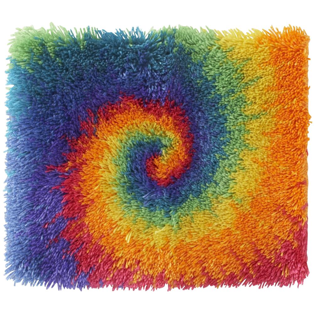 Tie Dye, a 12"x12" Shaggy Latch Hook Kit that makes a small rainbow spiral.