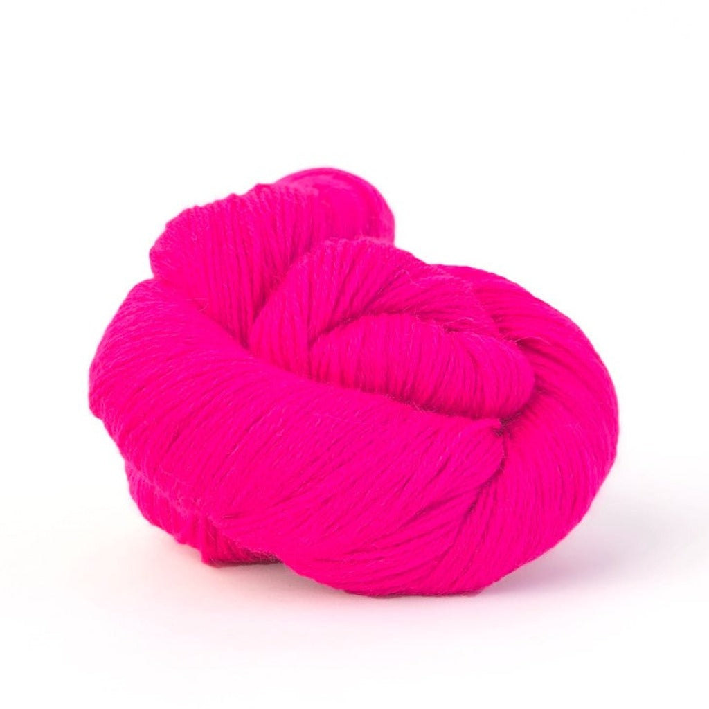 Neon Pink 675: A twisted hank of Kelbourne Woolens Perennial Fingering yarn in a neon pink color