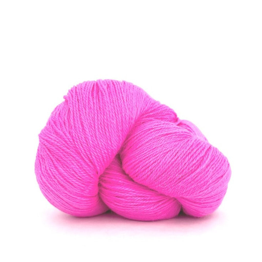 Pink 685: A twisted hank of Kelbourne Woolens Perennial Fingering yarn in a Barbie pink color