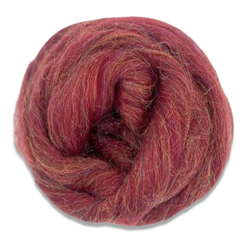 Color Ruby. A dark red shade of merino wool with rainbow sparkly nylon blended in.