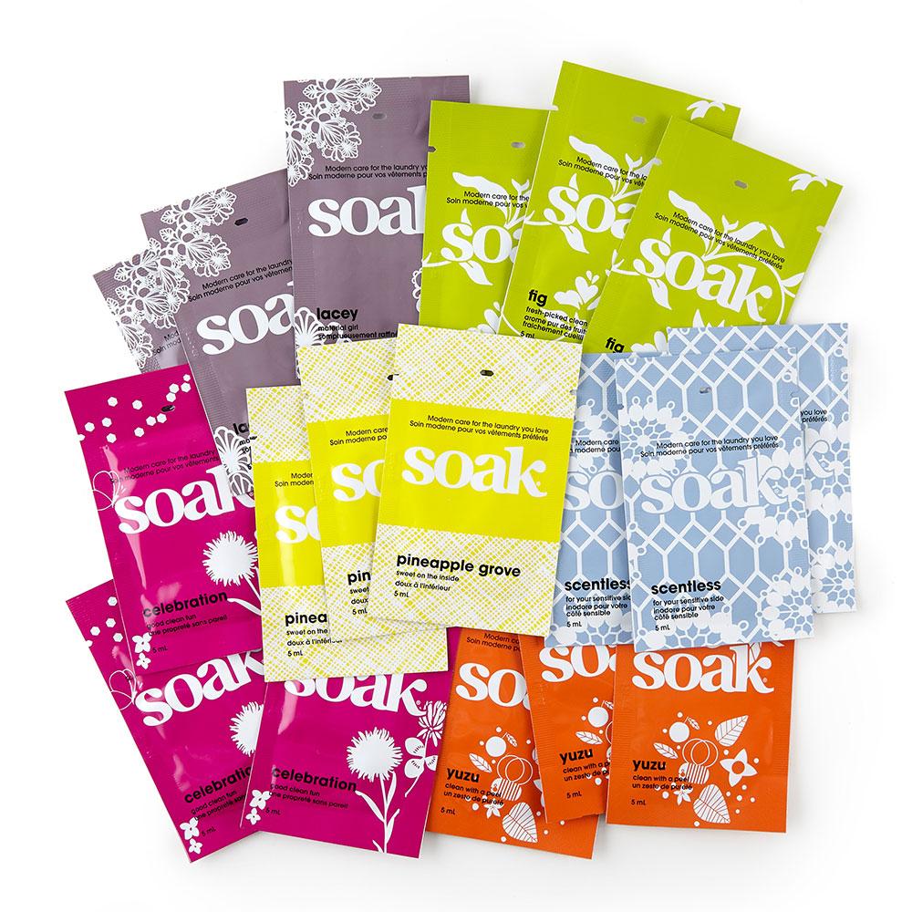 SOAK Wash Mini Samples in the scents Celebration, Yuzu, Pineapple Grove, Fig, Scentless, and Lacey.