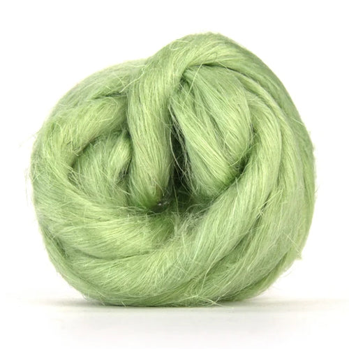 Color Stem. A soft green shade of dyed Flax fiber spinning fiber top.