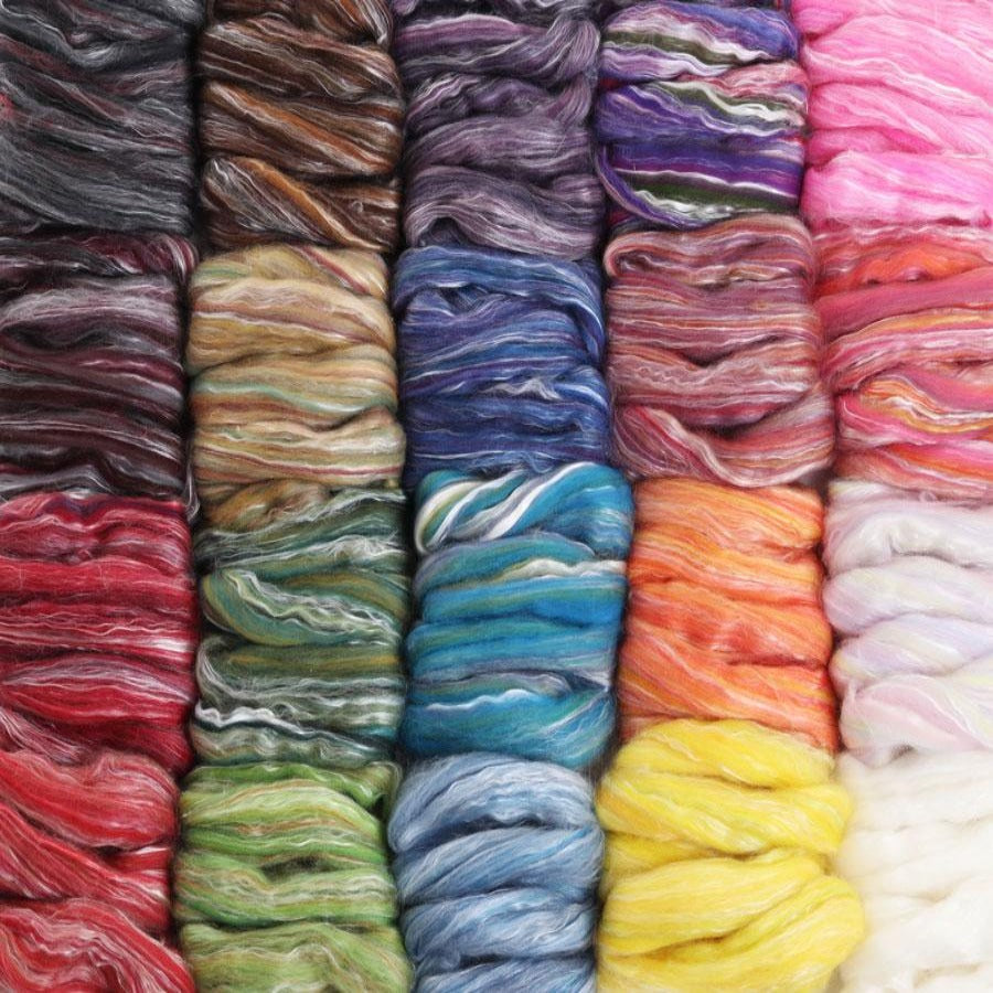 Several multi-color bundles of Ashford Silk Merino Slivers