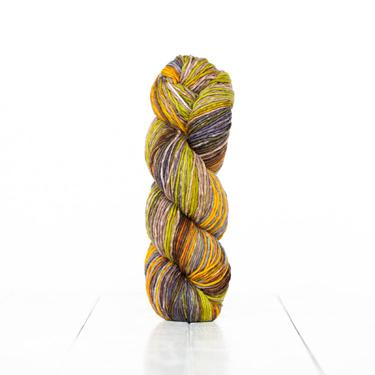 Color 6001, hand-dyed yarn in self-striping shades of warm greens, yellows, and neutrals. 