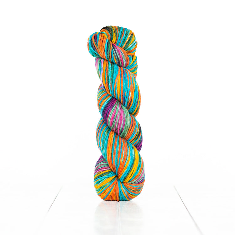 Color 6010, self-striping hand-dyed yarn in of vibrant teal, yellow, orange, deep purples, a pink.