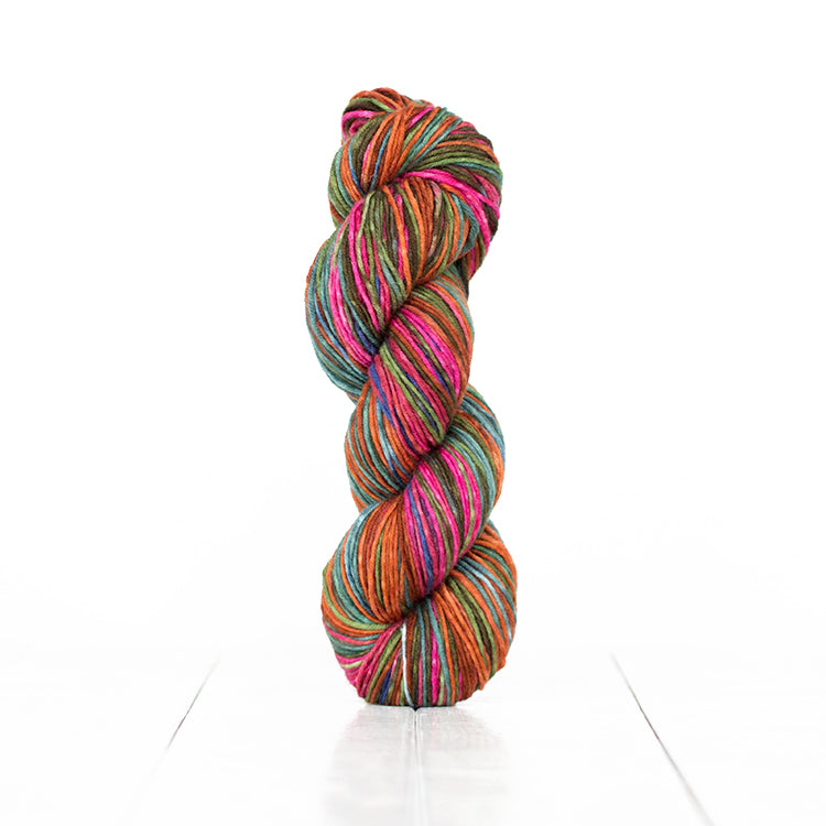 Color 6011, hand-dyed yarn in self-striping shades of rust, army green, and bright pink.